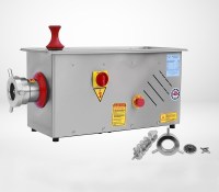 32 No sanayi tipi et kıyma makinesi. Paslanmaz gövdeli, geniş et tepsili, döküm kafalı ve bilezikli profesyonel tasarım. 75 kg ağırlığında, 380V ile çalışan ve saatte 750 kg et işleme kapasitesine sahip kasap tipi et çekme ünitesi görünümü.